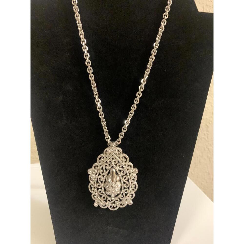 Vintage Silver Pendant Necklace Ornate Victorian Teardrop Medallion 1980s